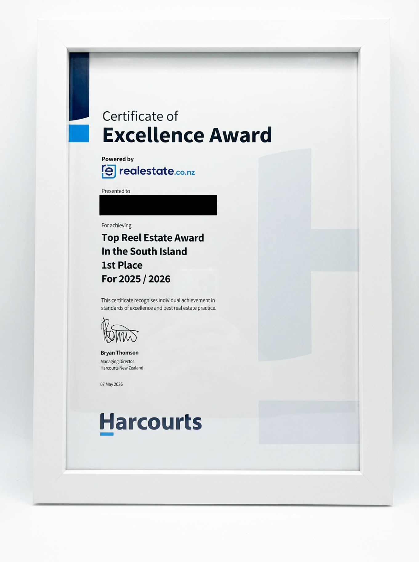 Certificate of Excellence — Top Real Estate Award, South Island 1st Place 2025/2026, Powered by realestate.co.nz, Harcourts New Zealand