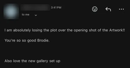 Email from an agent's office: I am absolutely losing the plot over the opening shot of the artwork. You're so so good. Also love the new gallery set up