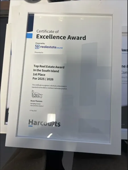 Harcourts Certificate of Excellence: Top Reel Estate Award in the South Island, 1st place, 2025/2026