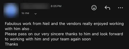 Email from an agent: Fabulous work from our photographer and the vendors really enjoyed working with him also. Look forward to working with your team again soon