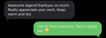 Text message: Awesome legend thank you so much. Really appreciate your work