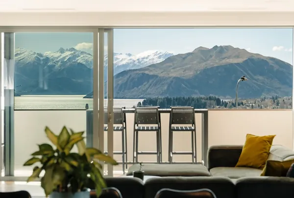 Living room with a lake view